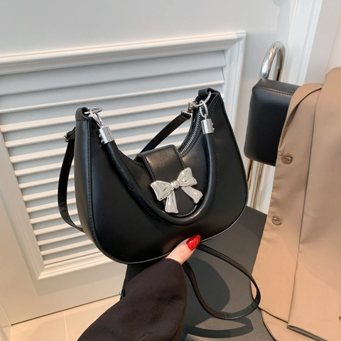 Borsa Hobo a Mezzaluna in Pelle PU da Donna Borsa a Tracolla Minimalista Con Fiocco in Metallo Argento Elegante Borsetta Quotidiana