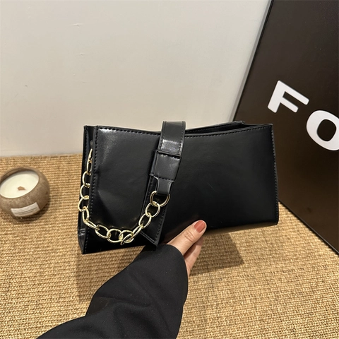 Bolso de Axila de Cuero PU Minimalista Vintage para Mujer Bolso de Hombro con Cadena Dorada Bolso Cuadrado de Color Sólido