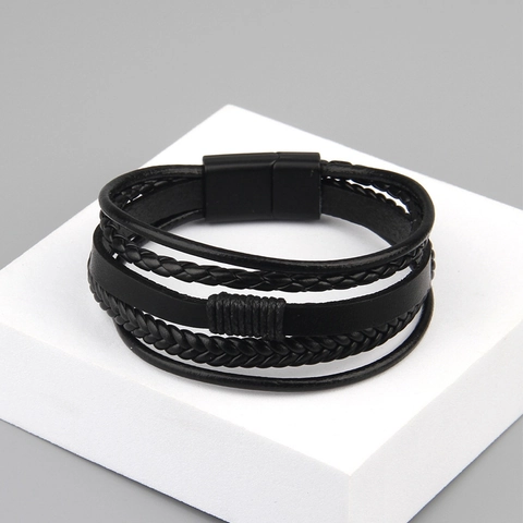 Bracciale Multistrato Intrecciato In Pelle PU Da Uomo Con Chiusura Magnetica In Lega Gioielli Di Moda