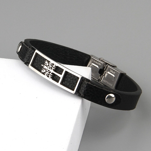 Tree Of Life Stainless Steel Leather Bracelet Minimalist Unisex Wristband With Hollow Pattern Litchi Texture Punk
