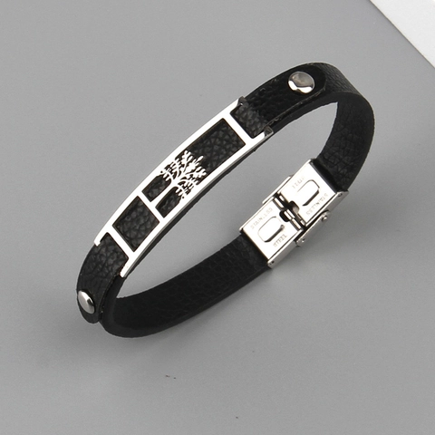 Tree Of Life Stainless Steel Leather Bracelet Minimalist Unisex Wristband With Hollow Pattern Litchi Texture Punk