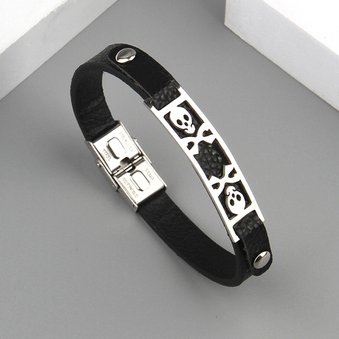 Bracciale In Pelle Con Teschio Punk Per Uomo Con Piastra Cava In Acciaio Inossidabile Gioielli Rock Gotico Nero
