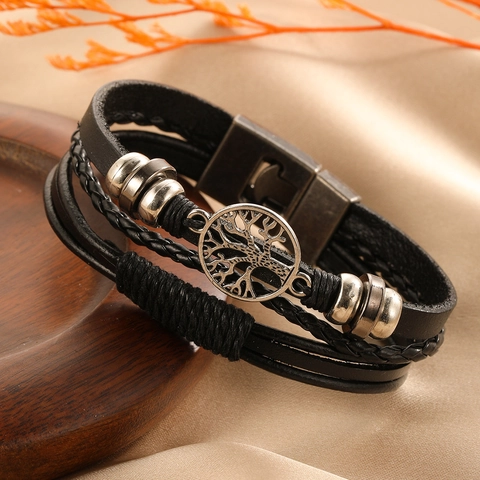 Bracciale Retrò In Pelle Multistrato Intrecciato Ciondolo Albero Della Vita Gioielli Stile Punk Con Chiusura Magnetica Da Uomo