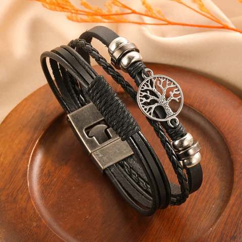 Bracciale Retrò In Pelle Multistrato Intrecciato Ciondolo Albero Della Vita Gioielli Stile Punk Con Chiusura Magnetica Da Uomo