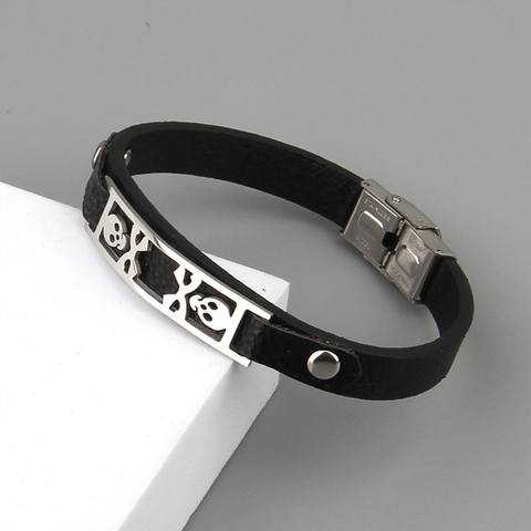 Bracciale In Pelle Con Teschio Punk Per Uomo Con Piastra Cava In Acciaio Inossidabile Gioielli Rock Gotico Nero