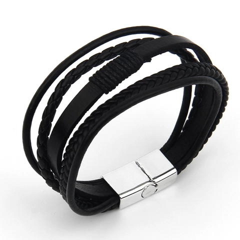 Bracciale In Pelle Intrecciata Multistrato Da Uomo Vintage Fatto A Mano Pelle Di Vacca Lega Chiusura Magnetica Gioielli