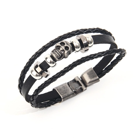 Bracelet Multi-couches en Cuir PU Punk Rétro pour Hommes Hibou Crâne Mauvais Œil Scorpion Argent Antique Bijoux Tressés