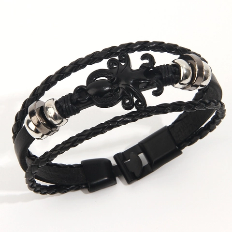 Pulsera De Cuero Vintage Punk Multi Capa Tejida PU Aleación Obsidiana Dije Pulpo Joyería Para Hombre