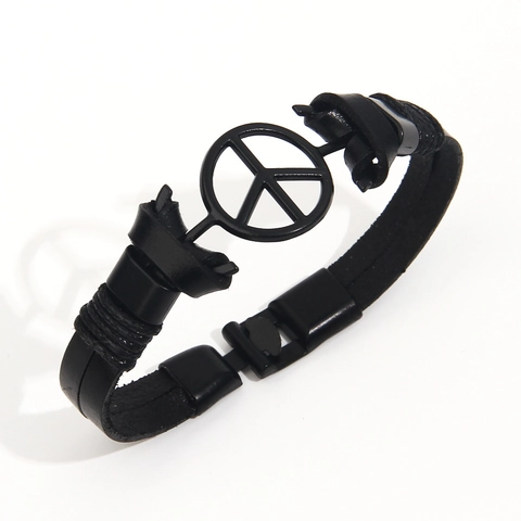Peace Sign Bracelet PU Leather Alloy Double Layer Punk Style Wristband For Men Women