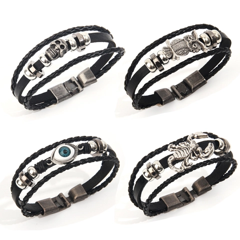 Bracelet Multi-couches en Cuir PU Punk Rétro pour Hommes Hibou Crâne Mauvais Œil Scorpion Argent Antique Bijoux Tressés