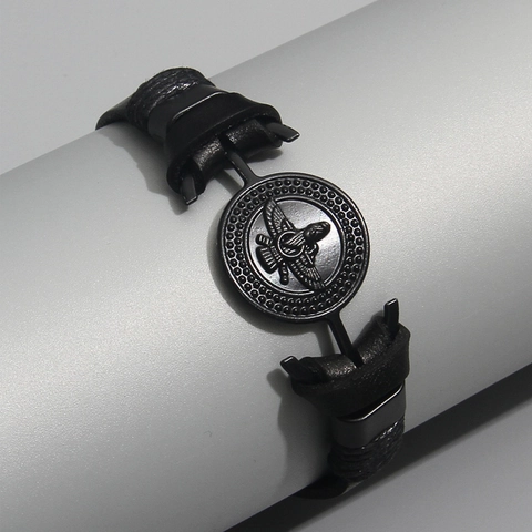 Vintage Black PU Leather Bracelet With Alloy Faravahar Religious Symbol Punk Style Jewelry For Men And Women