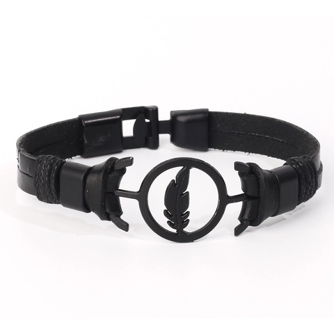 Punk Geflochtenes Lederarmband Mit Rundem Legierungs Feder Anhänger Retro Mode Armreif Für Herren Und Damen