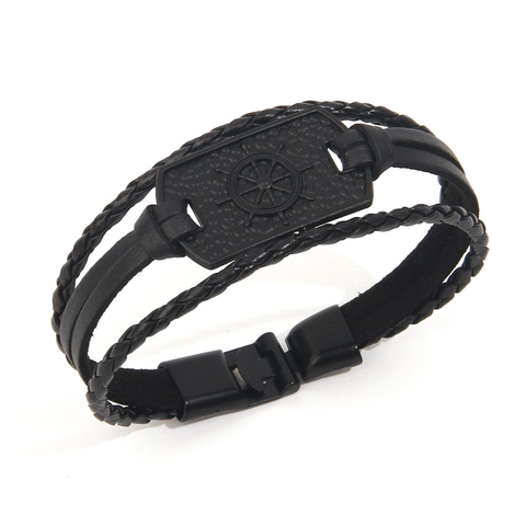Bracciale in Pelle Intrecciata Retro Uomo Punk Timone Nautico Lega Charm Multostrato Nero Gioielli da Polso