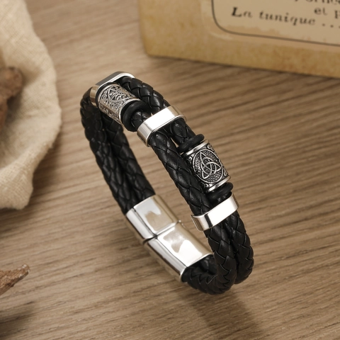 Herren Geflochtenes PU Lederarmband Mit Legierung Keltischen Totem Charms Magnetverschluss Punk Stil Vintage Schwarz