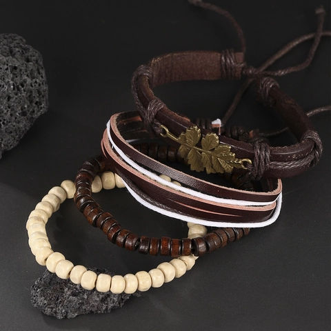 Vintage Leder Holzperlen Armband Legierung Blatt Anhänger Geflochten Mehrlagig Boho Ethno Stil Unisex Armreif
