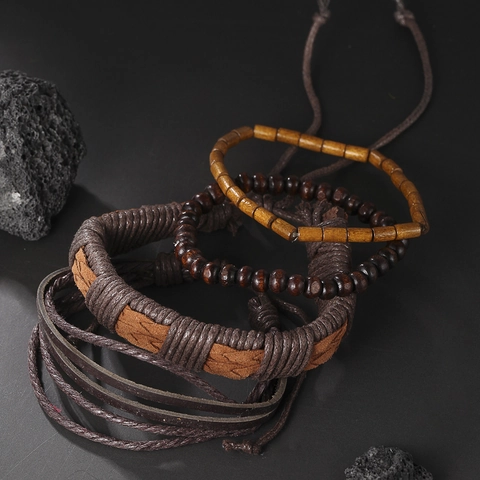 Retro Ethno Stil Handgefertigtes Geflochtenes Lederarmband Mit Holzperlen Für Herren Damen Mehrlagig Boho Accessoire