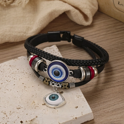 Herren Evil Eye Mehrlagiges Geflochtenes PU Lederarmband Legierung Perlen Retro Ethnischen Modeschmuck