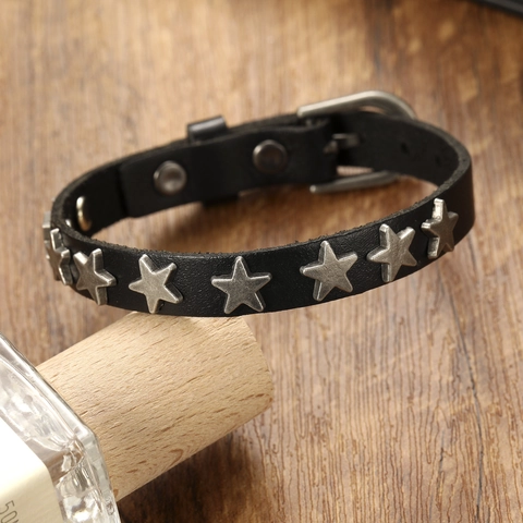 Punk Rock Leren Armband Met Legering Vijfpuntige Ster Klinknagels Retro Gothische Polsband Verstelbaar Voor Heren Dames