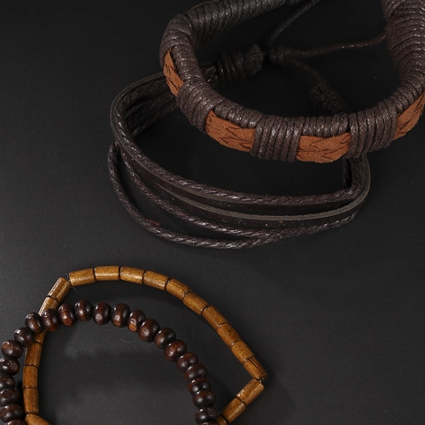 Retro Ethno Stil Handgefertigtes Geflochtenes Lederarmband Mit Holzperlen Für Herren Damen Mehrlagig Boho Accessoire