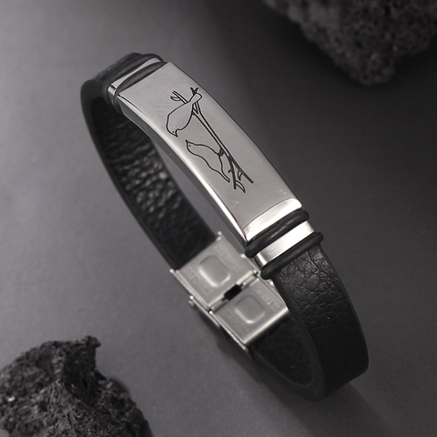 Bracciale In Pelle Da Uomo Piastra Incisa Con Uccello In Acciaio Inossidabile Gioielli Cordino Nero Bangle Unisex