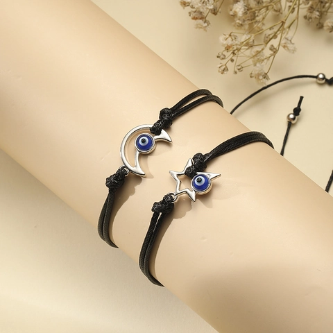 Handgefertigtes Evil Eye Armband Stern Mond Kupfer Charms Schwarz Geflochtenes Seil Verstellbar Freundschaftsschmuck