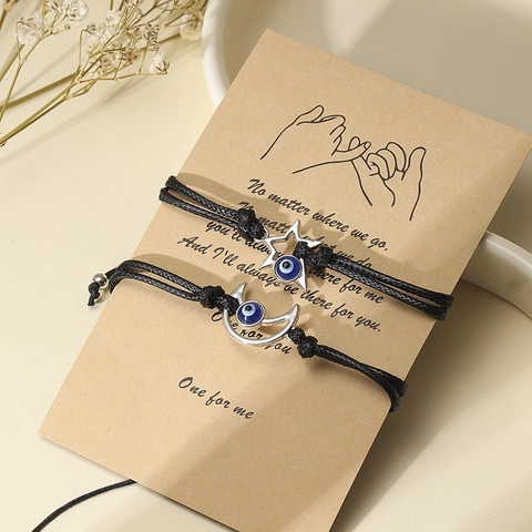Handgefertigtes Evil Eye Armband Stern Mond Kupfer Charms Schwarz Geflochtenes Seil Verstellbar Freundschaftsschmuck