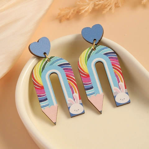 Kreative Holz Bleistift U-Förmige Ohrhänger Regenbogen Punkt Hase Lehrer Geschenk Herz Charm Schmuck