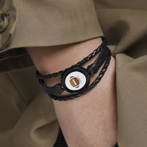 Bracciale Da Uomo In Pelle PU Intrecciata Multistrato Con Ciondolo Rugby Football In Lega Gioielli Sportivi Nero