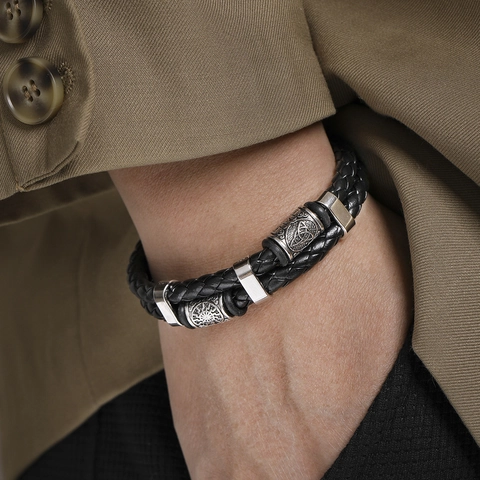 Herren Geflochtenes PU Lederarmband Mit Legierung Keltischen Totem Charms Magnetverschluss Punk Stil Vintage Schwarz