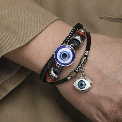 Herren Evil Eye Mehrlagiges Geflochtenes PU Lederarmband Legierung Perlen Retro Ethnischen Modeschmuck