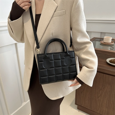 Women Retro Quilted PU Leather Small Square Bag Fashion Stitching Shoulder Bag With Top Handle Adjustable Strap Handbag For Daily