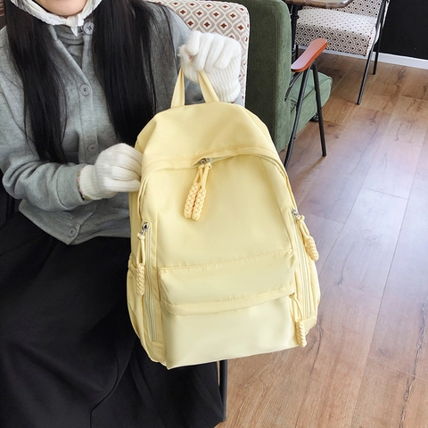 Large Capacity Nylon Backpack Solid Color Casual Travel School Bag With Woven Rope Zipper For College Students Men Women