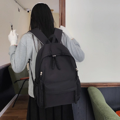 Large Capacity Nylon Backpack Solid Color Casual Travel School Bag With Woven Rope Zipper For College Students Men Women