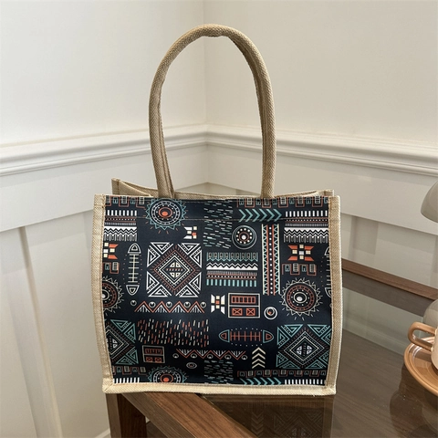 Bohemian Ethnic Tote Bag Jute Burlap Handbag Large Capacity Tribal Geometric Print Braided Rope Handle Vintage Shoulder Bag