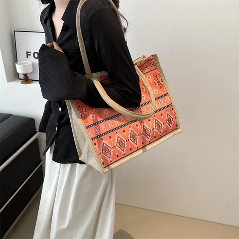 Bohemian Ethnic Tote Bag Jute Burlap Handbag Large Capacity Tribal Geometric Print Braided Rope Handle Vintage Shoulder Bag