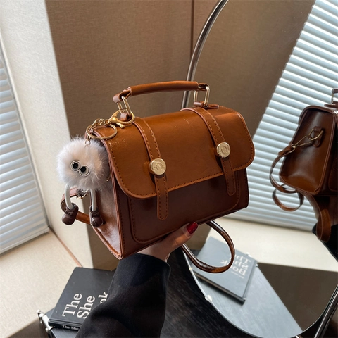 Vintage PU Leather Small Square Shoulder Bag For Women Retro Crossbody Bag With Plush Monster Pendant Gold Hardware