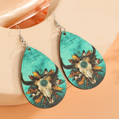 Boucles d'Oreilles Pendantes en Bois Western Bohême Tête de Taureau Tournesol Léopard pour Femmes Ethnique Vintage Crâne de Vache Bijoux