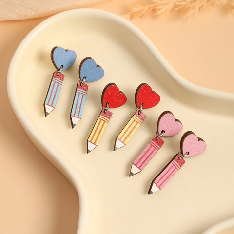 Pendientes Colgantes Creativos Lápiz Corazón Madera Colorido Tema Papelería Escolar Joyería Mujeres Regalo Profesora