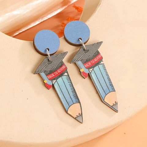 Back To School Abschluss Thema Holz Ohrringe Für Damen Asymmetrische Bleistift Buch Doktorhut Ohrhänger Schmuck Geschenk