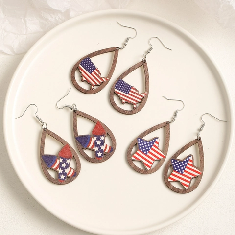 Pendientes Colgantes de Madera con la Bandera Americana del Día de la Independencia Mapa de EE UU Estrella Cohete Joyería para Mujer