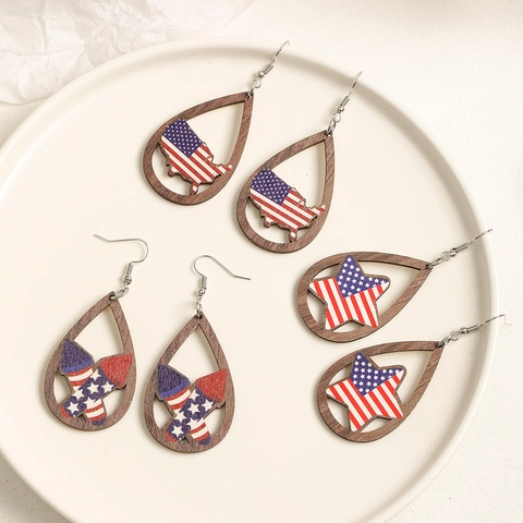 Pendientes Colgantes de Madera con la Bandera Americana del Día de la Independencia Mapa de EE UU Estrella Cohete Joyería para Mujer