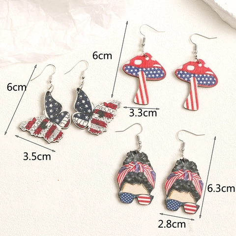 Pendientes Colgantes de Madera Bandera Americana Mariposa Seta Niña para Mujer Día de la Independencia Patriótico 4 de Julio