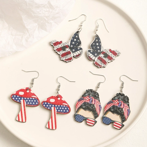Pendientes Colgantes de Madera Bandera Americana Mariposa Seta Niña para Mujer Día de la Independencia Patriótico 4 de Julio