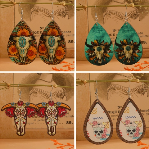 Boucles d'Oreilles Pendantes en Bois Western Bohême Tête de Taureau Tournesol Léopard pour Femmes Ethnique Vintage Crâne de Vache Bijoux