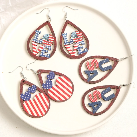 Unabhängigkeitstag US Flagge Muster Holz Tränentropfen Ohrringe Mit Ohrstecker-Stift USA LOVE Herz Hohl Schmuck Für Damen