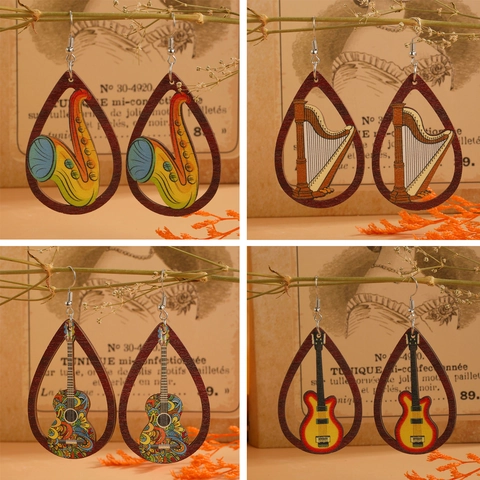 Boucles d'Oreilles Goutte en Bois Vintage Imprimé Instruments Musique Guitare Saxophone Harpe Pour Femme Bijoux Ethnique