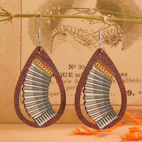 Boucles d'Oreilles Goutte en Bois Vintage Imprimé Instruments Musique Guitare Saxophone Harpe Pour Femme Bijoux Ethnique