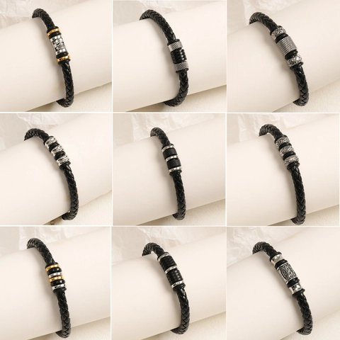 Bracelet en Cuir PU Tressé Vintage pour Hommes Hip Hop Crâne Perles Métalliques Bijoux de Main Réglables Cadeau Décontracté Cool