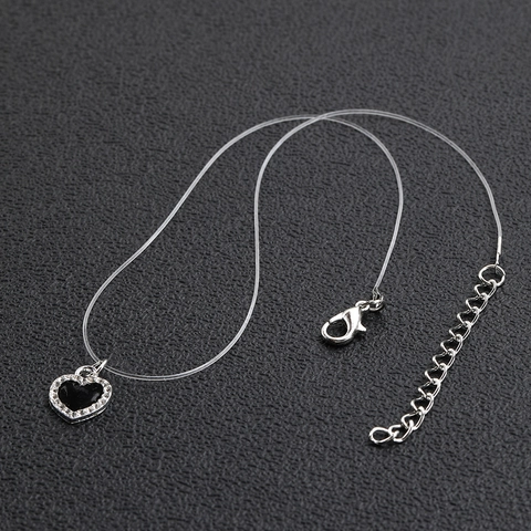 Collar con Colgante de Corazón Cuadrado Negro Vintage Con Hilo de Pescar Transparente Cadena Invisible Choker de Aleación Strass Mujer
