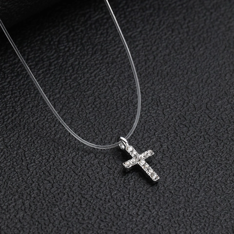 Minimalist Alloy Rhinestone Butterfly Cross Pendant Necklace Invisible Fishing Line Clear Chain For Women Fashion Jewelry
